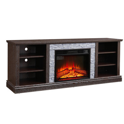 Grand support de rangement pour télé avec bordure en faux pierre, console média avec grand meuble de rangement, meuble télé moderne avec foyer de 23 po, cerisier, l 70,12 po x P 15,35 po x H 25,83 po