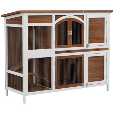 Rabbit Hutch Guinea Pig Hutch 2-Tier Wooden Cage with Ramp Roof Brown