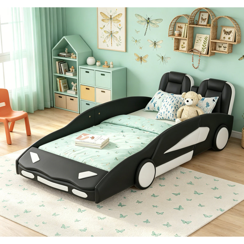 Lit plateforme simple en forme de voiture de course avec roues, durable et élégant pour les jeunes amateurs de course, Black