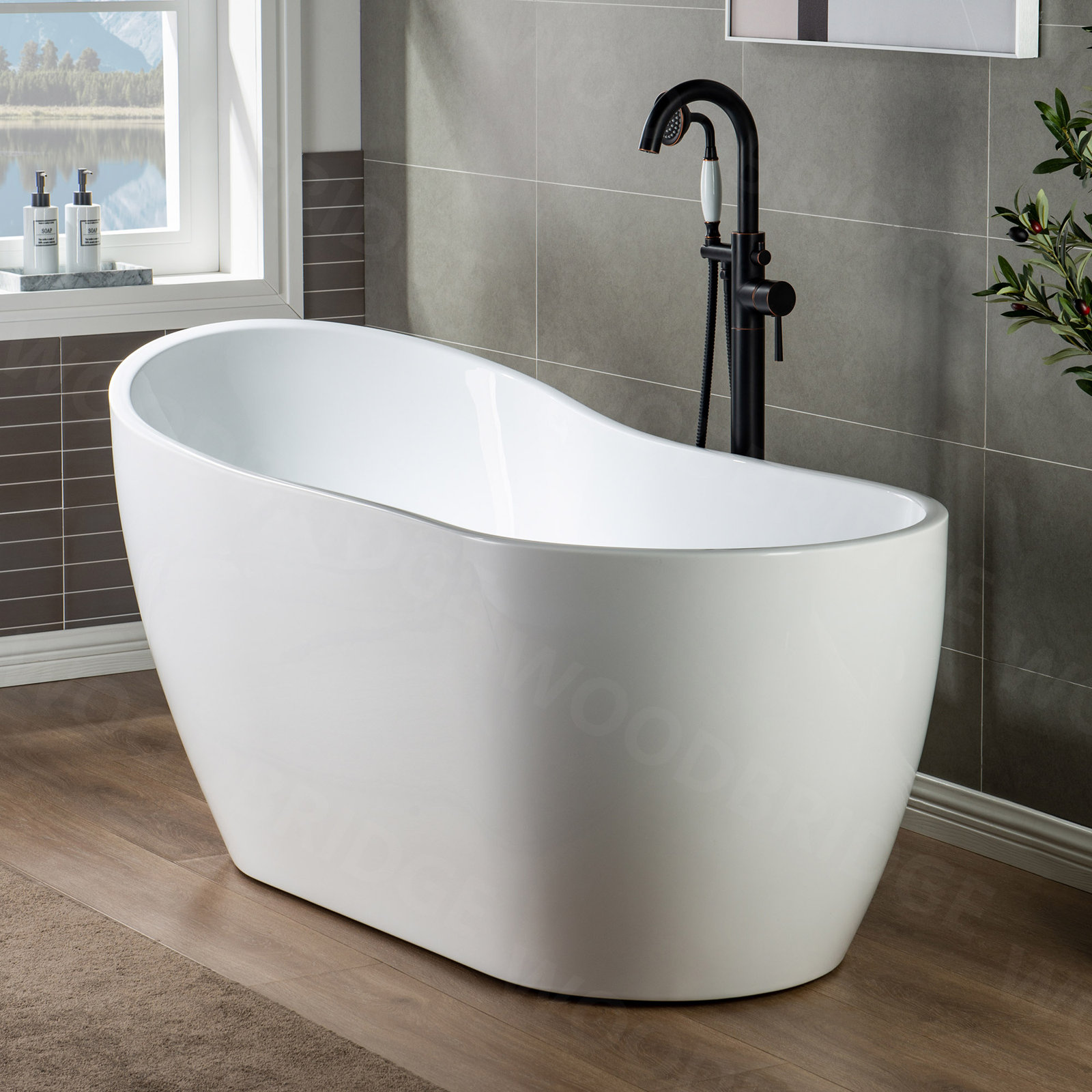 Aether 59" Single Slipper Soaking Bathtub, White/Oil Rubbed Bronze