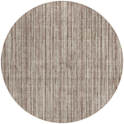 8' Brown And Ivory Round Striped Washable Indoor Outdoor Area Rug