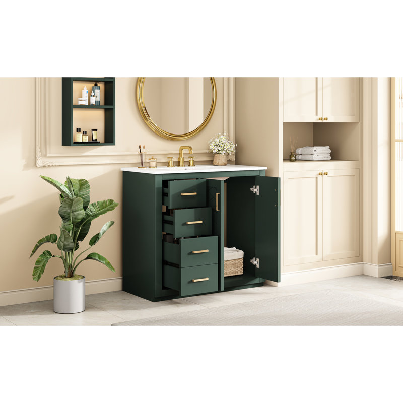Meuble-lavabo de 36 pouces avec lavabo en céramique, structure en bois massif, 3 tiroirs, mécanisme, design rétro, portes 36 po, quincaillerie exquise, rangement spacieux, style moderne