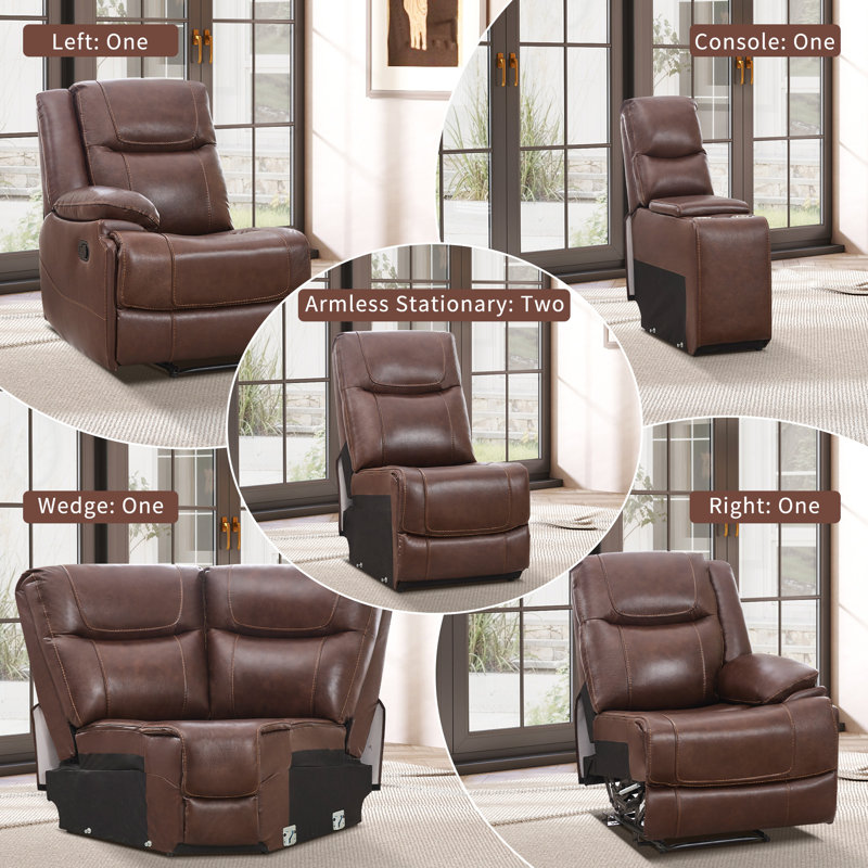7-Piece Modern & Contemporary Premium Genuine Leather Manual Recline Sectional Sofa With Console & Dual Reclining