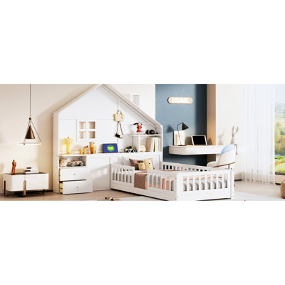 Lit simple blanc avec fenêtre, rangement de tiroir, douilles et support pour lit simple avec tiroirs de chevet, tablette