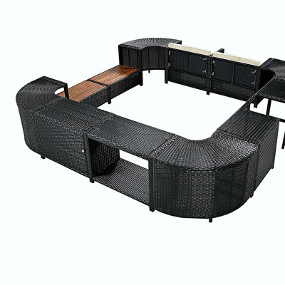 Spa Surround Spa Frame Quadrilateral Outdoor Rattan Sectional Sofa Set with Mini Sofa,Wooden Seats and Storage Spaces, Beige