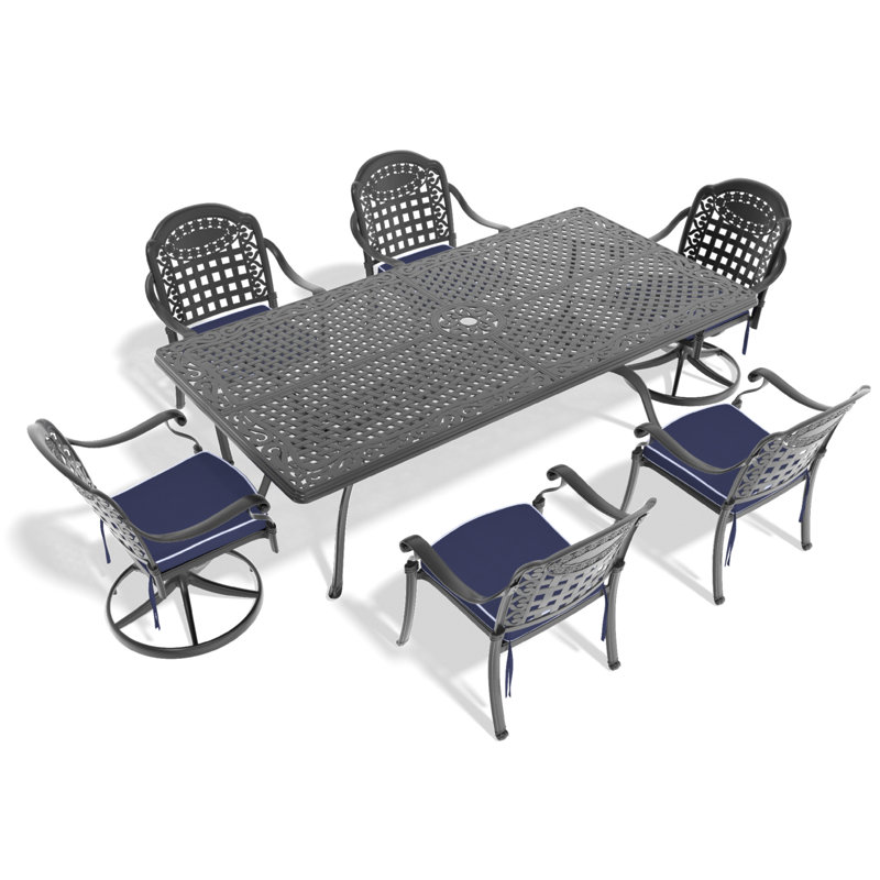 Ensemble de salle à manger 7 pièces en fonte d'aluminium toutes saisons comprenant 2 chaises pivotantes, 6 chaises et une table rectangulaire avec cadre noir