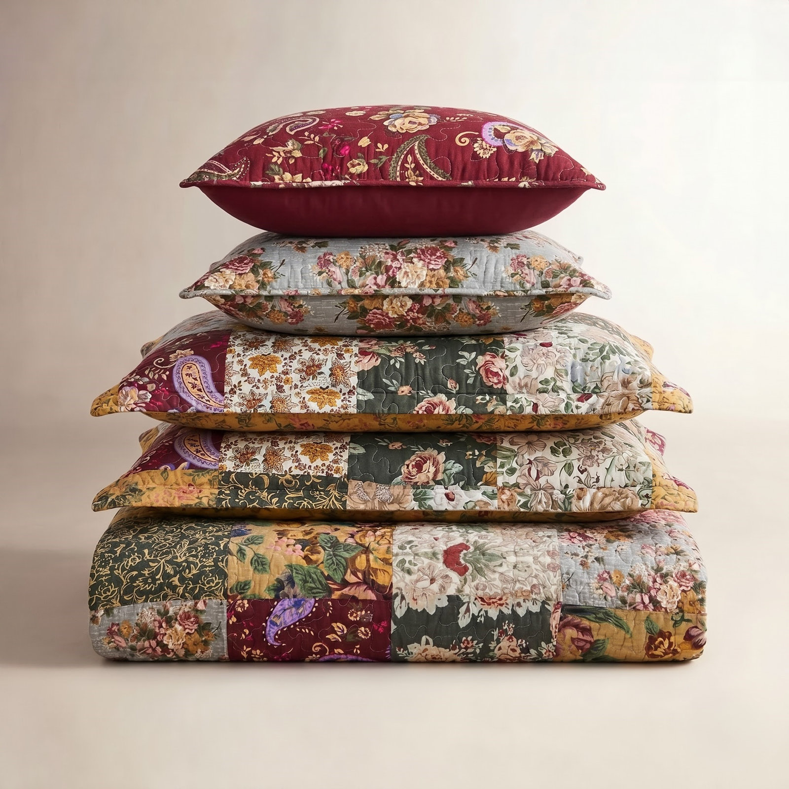 Antique Cotton Bedspread Set, King Quilt + 2 Shams + 2 Throw Pillows