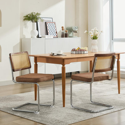 Ensemble de 2 chaises de salle à manger de style Mid-Century moderne, chaises d'appoint en lin avec dossier en canne naturelle et base en acier inoxydable chromé, célèbres chaises conçues par Breuer, chaises de cuisine rembourrées en rotin