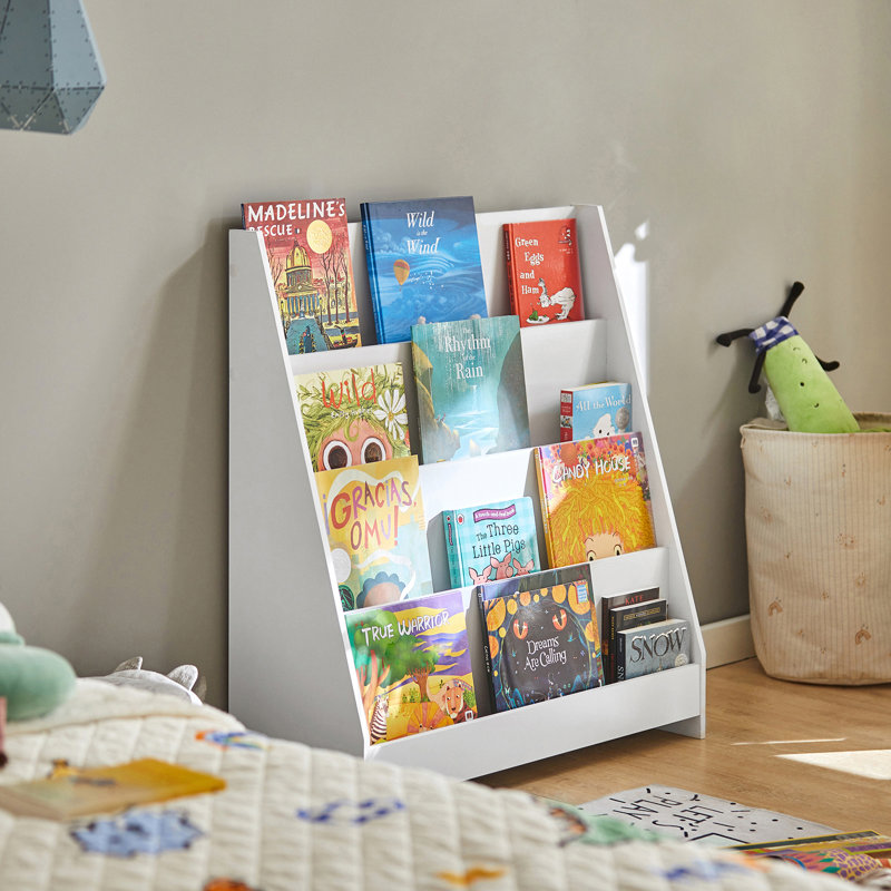 Kids Bookshelf 4-Tier Narrow Ladder Children’s Bookcase for Reading Nook for Kids Room, Playroom, Nursery, White, 31.5"W x 11.8"D x 34.6"H