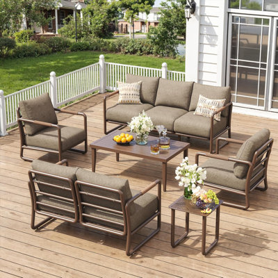 Modern 5-Piece Outdoor PE Rattan Patio Conversation Set with Steel Frame, Includes 3-Seat Sofa, Loveseat, 2 Armchairs, and 1 Coffee Tables for Backyard, Garden, Brown