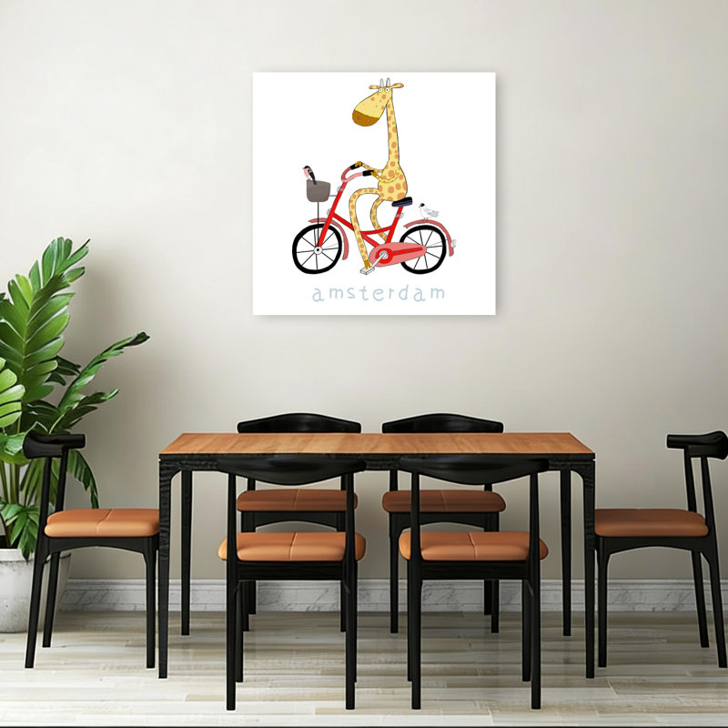 Giraffe Rides Amsterdam Bike Whimsical Abstract Contemporary Bird Giraffe City Architecture Wall Art Print