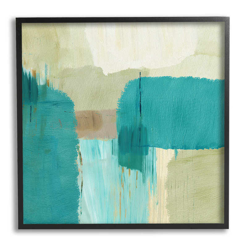 Coups de pinceau turquoise encadrés sur bois, Giclée encadrée noir minuit, H 12 po x l 12 po x P 1,5 po
