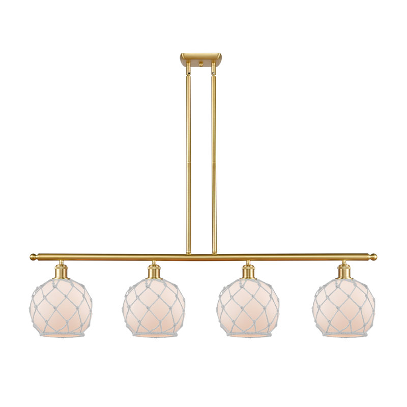 Luminaire suspendu linéaire à 4 lumières pour îlot de cuisine Hillhouse, Ampoule non incluse, Verre blanc avec corde blanche