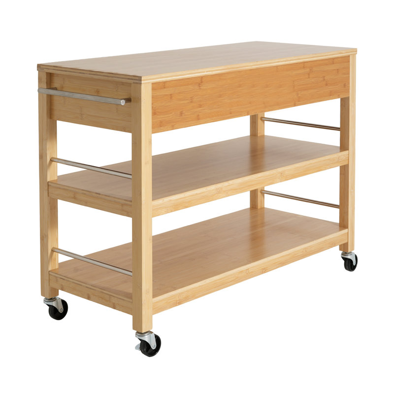 Indoor Multifunctional Natural Bamboo Bar Cart with Locking Wheels, Drawers, and Open Shelves - Ideal for Kitchen, Dining, and Entertaining