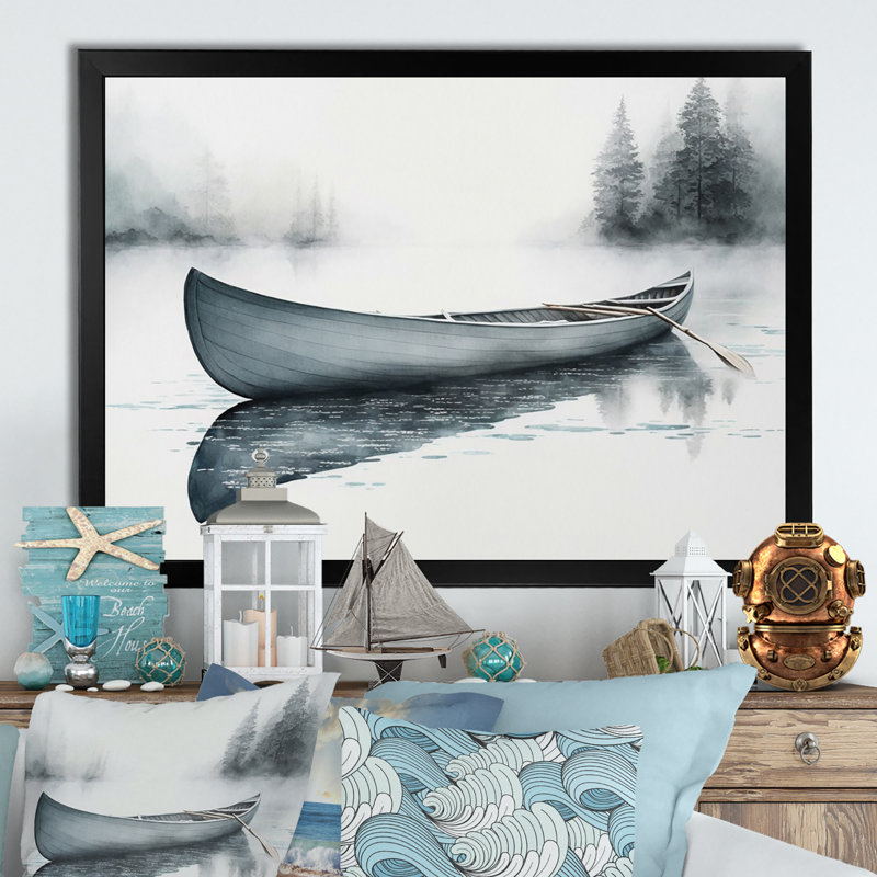 Canot sur le lac II - Bateau côtier, art mural, Cadre simple noir, H 30 po x l 40 po x P 1,5 po