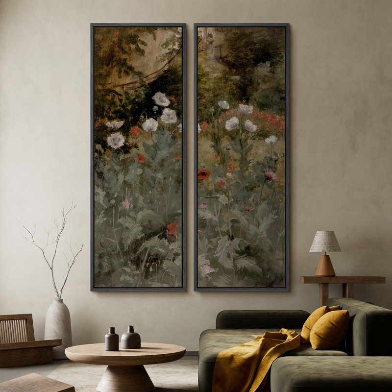 Ensemble de 2 toiles encadrées 20 x 60 pouces Vintage Floral and Landscape, Noir