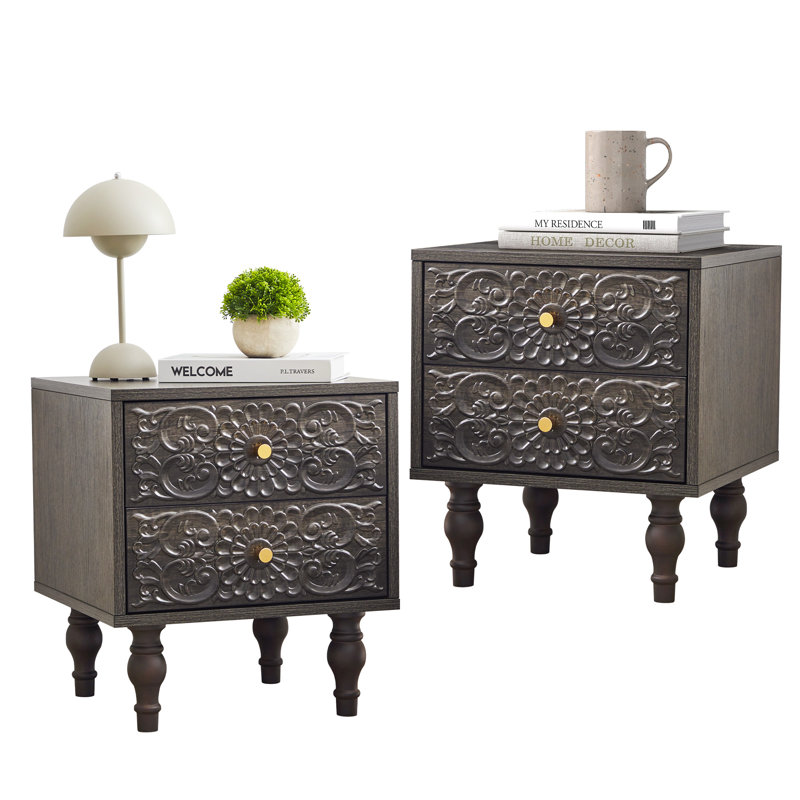 18.14'' Tall 2 Drawer Farmhouse Nightstands, Black/Gray