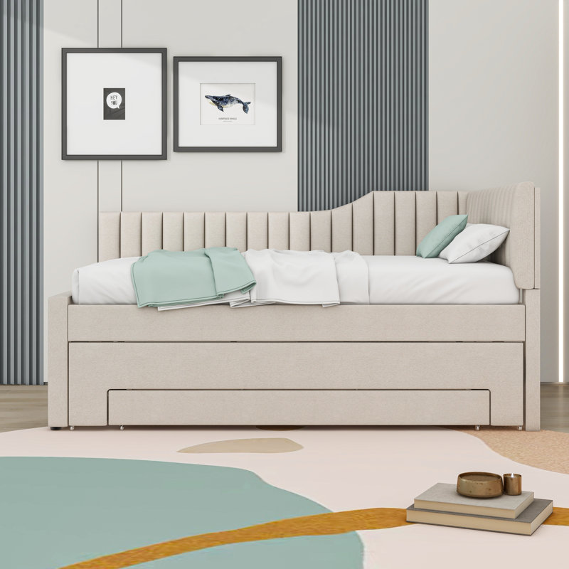 3 Drawers Upholstered Daybed with Twin Trundle, Beige, Full/Double