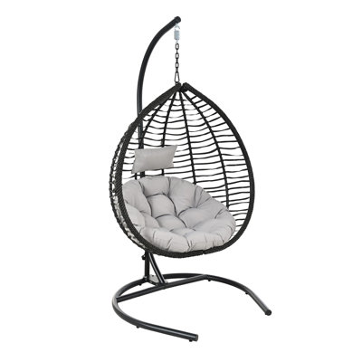 Chaise hamac suspendue pour l'intérieur et l'extérieur avec support, balancelle pliable en rotin avec coussin moelleux et appui-tête amovible pour patio, jardin et balcon