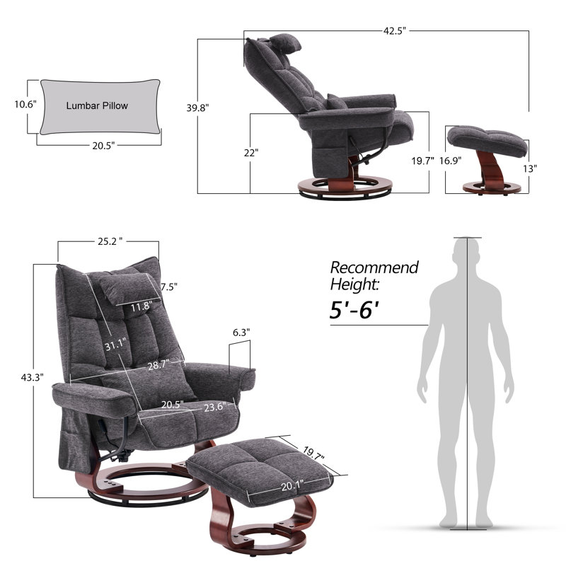 Grygorij Swivel Recliner Chair with Ottoman, and Vibration Massage, Gray Chenille