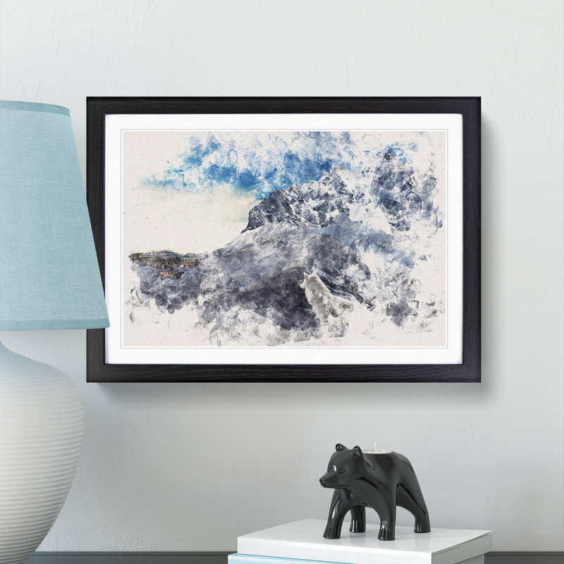 White Wolf with a Mountain Landscape - Framed Print, 33cm H x 45cm W x 2cm D, Black Framed