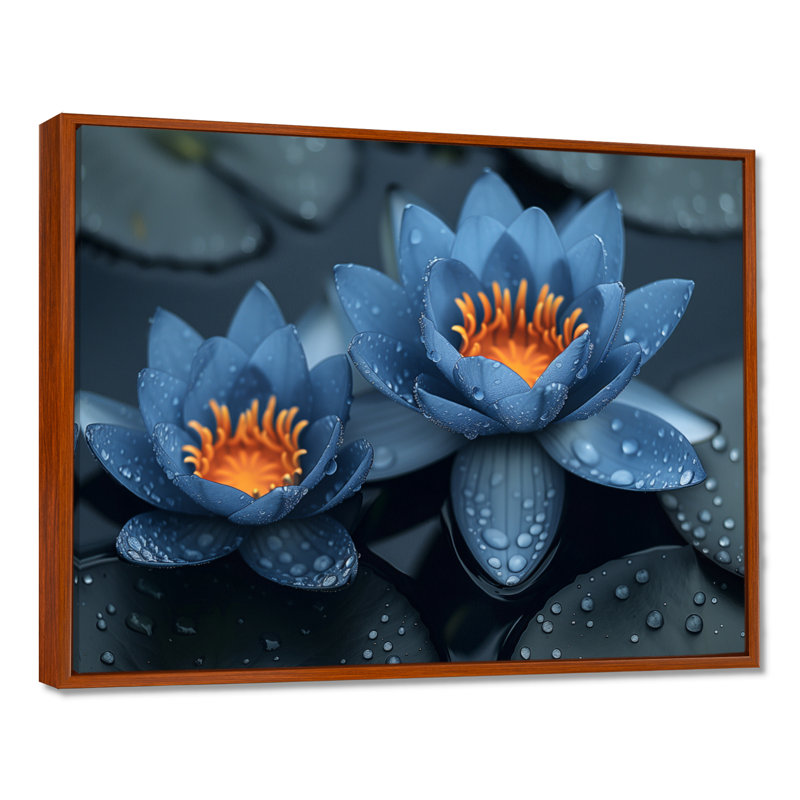 «Blue Mon monochrome Lotus Pond Radiant Blooms III - Lotus», art mural, Cadre flottant brun, H 16 po x l 32 po x P 1 po
