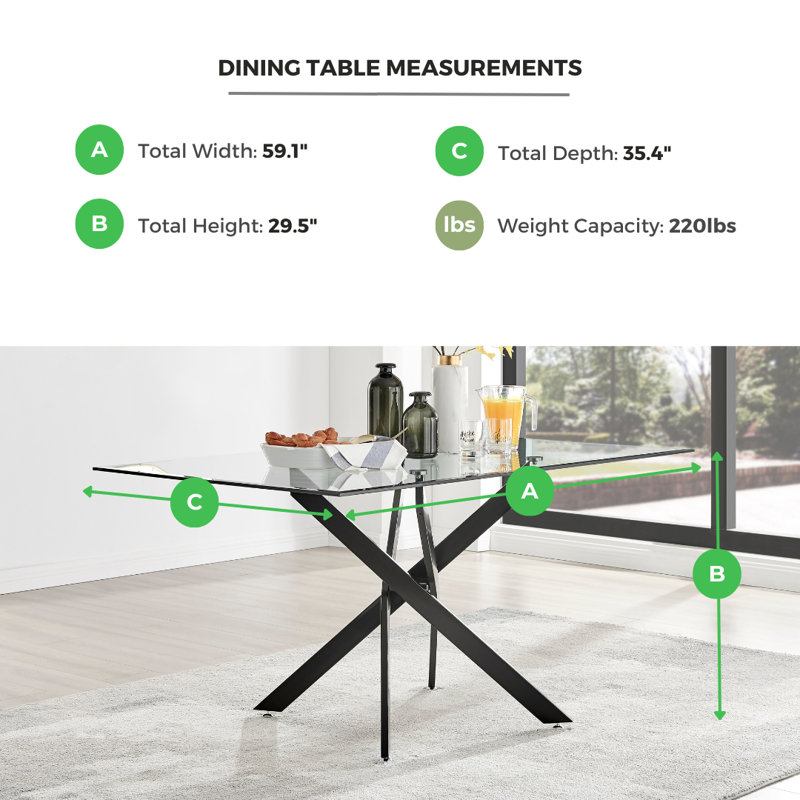Lenworth Modern Metal and Glass Dining Table Seats 4 or 6, Gold, 29.9" H x 59" L x 35.4" W