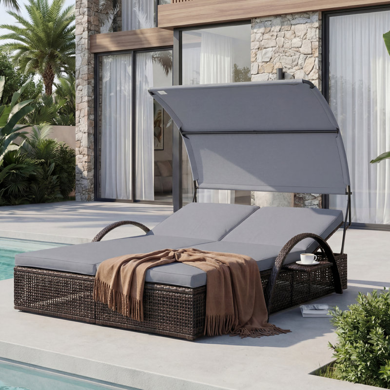 Outdoor Double Sunbed Sun Lounger Steel Frame with Adjustable Backrest & Hidden Side Table, Gray