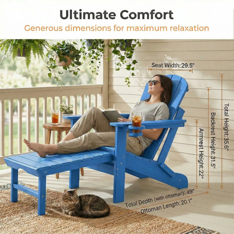 HDPE Folding Adirondack Chairs with Retractable Ottoman, 5-Position Adjustable Backrest (Set of 2), Blue