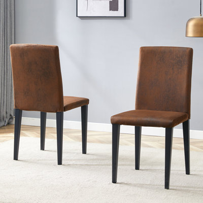 Set Of 2 Brown Faux Leather Dining Chairs With Ergonomic Backrest And Modern Metal Legs