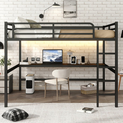 Grand lit mezzanine en métal avec prise de courant et éclairage à DEL, peu encombrant, noir