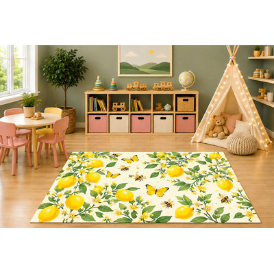"Ultra Lightweight" 5'x7' Lemon Blossom Area Rug, Watercolor Citrus Lemons Flowers Bees Botanical Farmhouse Living Room Bedroom Decor, Non-Slip Silicone Backing Low Pile
