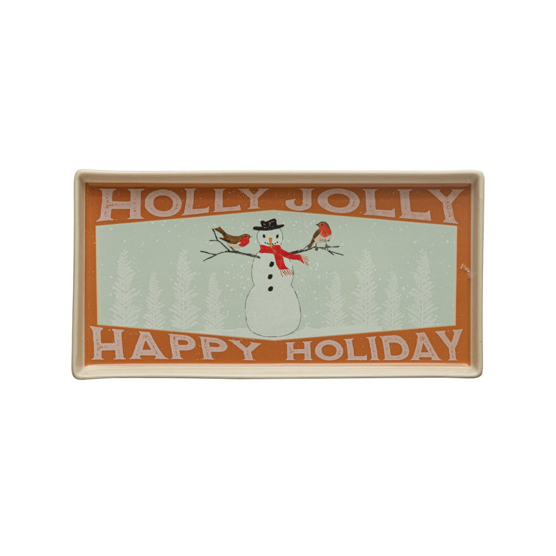 Multicolore plateau en grès avec bonhomme de neige et message «Holly Jolly Happy Holiday»