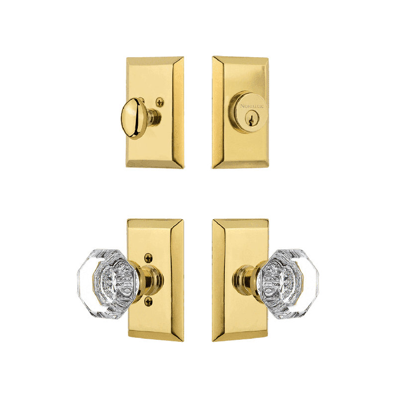 Nostalgic Warehouse Studio Entry Set with Waldorf Crystal Knob, Polished Brass, 2.75