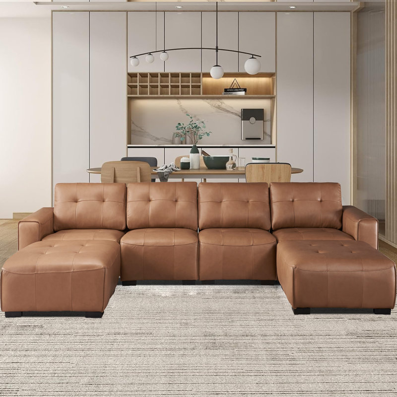 Upholstered Leather 6-piece U Sectional Reversible Chaise Ottomans, Brown Faux Leather