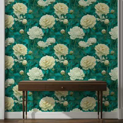 Papier peint floral, sarcelle, décoration murale rétro