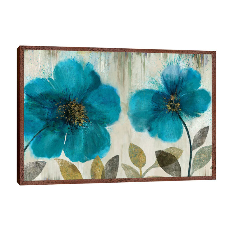 Teal Flowers 1 Piece Painting on Canvas, 101.6 cm H x 66.04 cm W, Brown Floater Frame