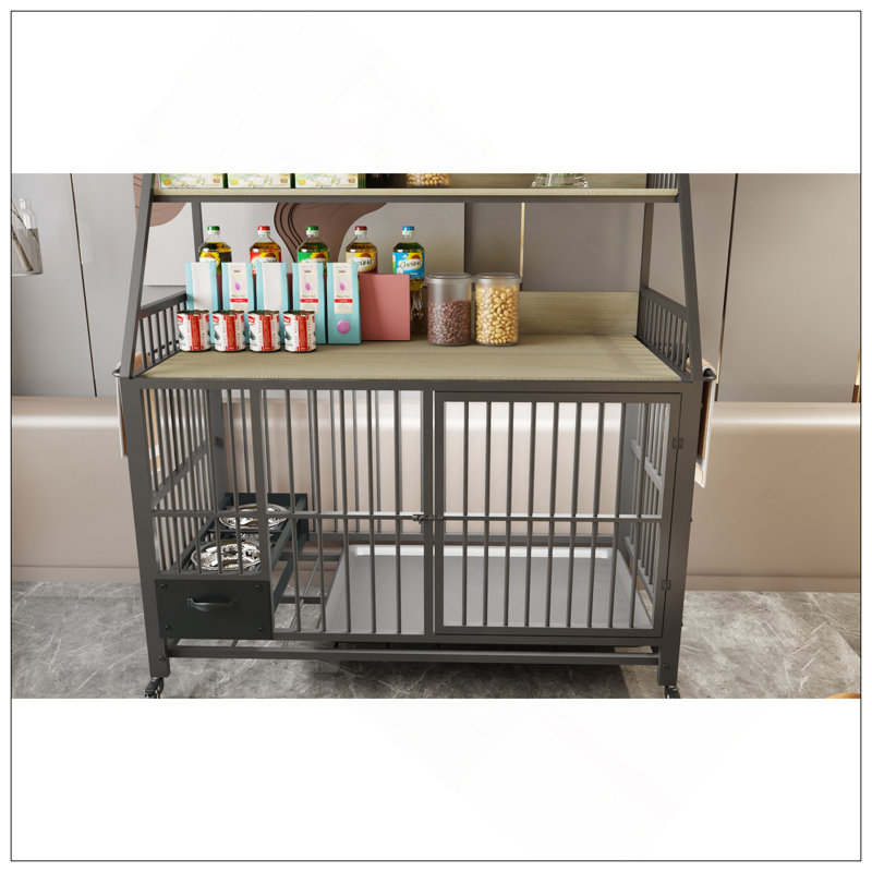 Large Pet Cage With Storage Rack And Stainless Steel Basins, Double-Layer Iron Frame And MDF, Sturdy And Practical (Black+Beige)