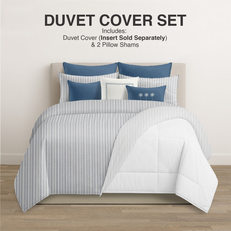 Pacific Stripe Reversible Cotton Duvet Cover Set, Denim, Queen Duvet Cover + 2 Queen Shams