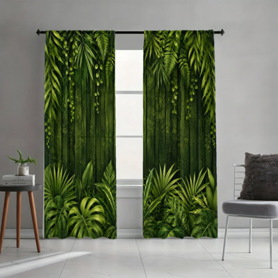 2 Panels Light Filtering Curtains, Lush Tropical Jungle Green Leaf Botanical Forest Print Home Decor, Easy Hang Rod Pocket Design, All Season Window Drapes for Living Room Bedroom Dormitory Decoration