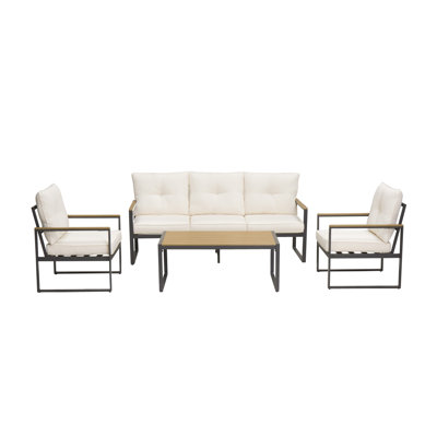 4-Piece Outdoor Patio Furniture Set, Modern Metal Conversation Set with 4 in. Thick Cushions & Ergonomic Design, Beige