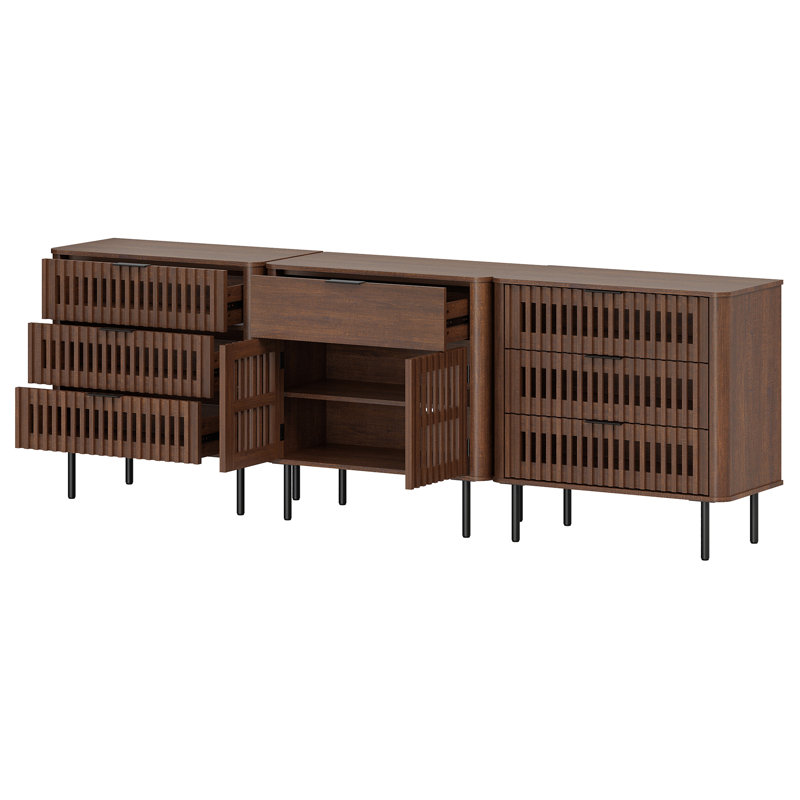 Buffet/meuble de rangement cannelé de grande taille (94,5 po) de largeur, en noyer, Walnut