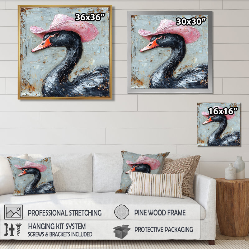 Un cygne noir portant un chapeau de cowboy rose II - cygnes, art mural, Toile tendue, Ne s’applique pas, H 30 po x l 30 po