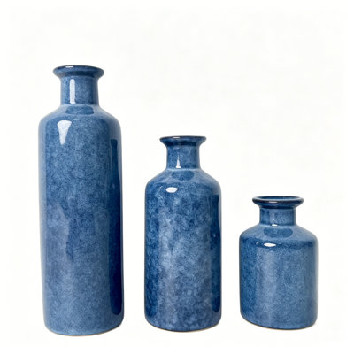 Set of 3 Indigo Blue Reactive Glaze Ceramic Vases, Modern Farmhouse Decorative Vase Set for Living Room, Bedroom, Kitchen & Entryway, Tall, Medium & Small Sizes, Rustic Home Accent Pieces