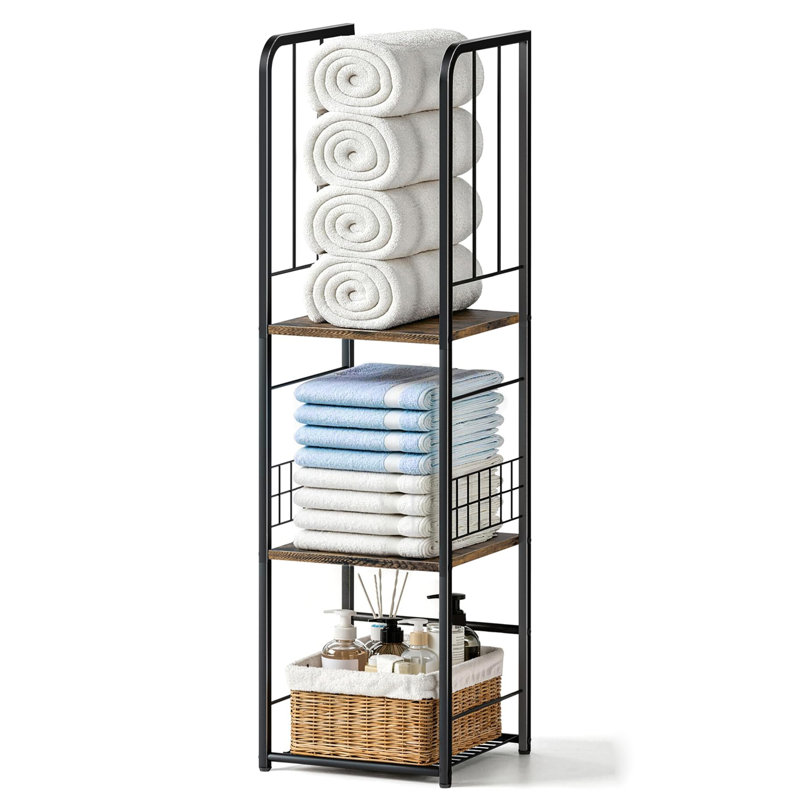 Porte-serviettes étroit à 3 niveaux sur pied - Rangement de serviettes mince avec tablette de salle de bain | Idéal pour les petites salles de bain, les abords de piscine et les espaces restreints
