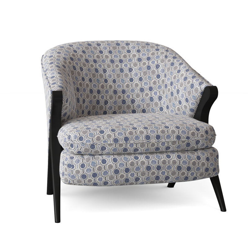 Tatiana Upholstered Barrel Chair, Smokey Blue Multicolored Performance, Dark Walnut