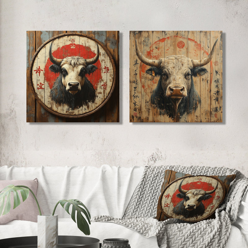 «China China» et bœuf orange I - décoration murale animal taureau - art mural moderne 2 pièces, Toile tendue, 16" H x 33" W
