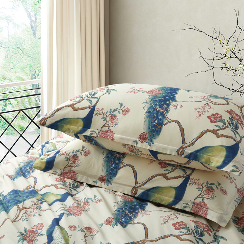 Queen Teal Blue Cotton Satin Floral Duvet Cover Set