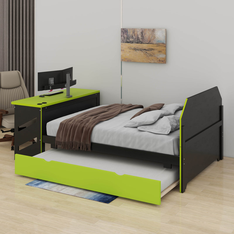 Full Size Daybed With Trundle, Desk & USB Port - Modern Wood Platform Bed, Green