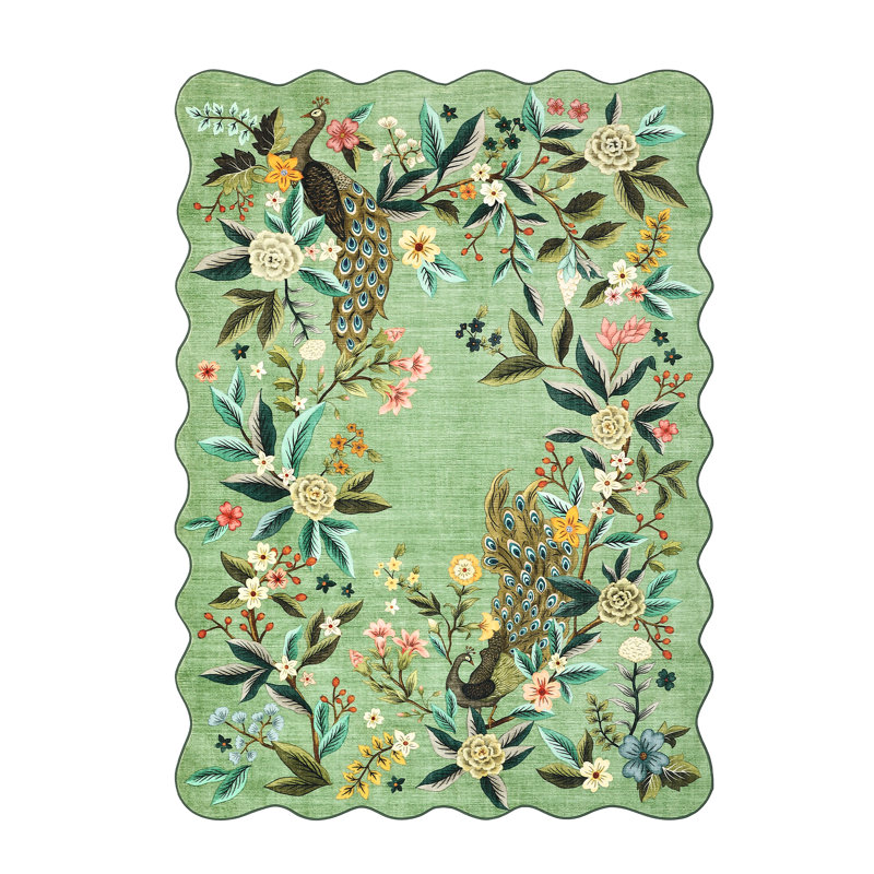 Scalloped Green 4x6 Area Rugs for Living Room Washable Floral Peacock Bedroom Rug Non Slip Farmhouse Rugs for Nursery Playroom Stain Resistant Ultra Home Decor Botanical Rug